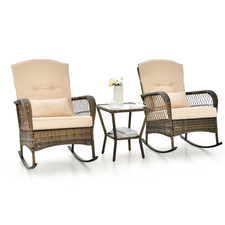 3 Pieces Rocking Chair Set Outdoor Wicker Furniture Tempered Glass Coffee Table