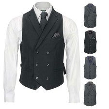 Mens Smart Casual Grey Black Double Breasted Collar Waistcoat Formal Fitted Vest