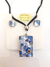 Murano Millefiori Glass Pendant Necklace And Matching Earrings Set Blue 