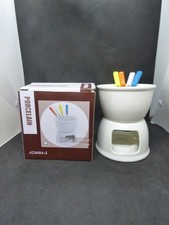 TEBERY Porcelain Chocolate Fondue White Pot Burner Stand + 4 Forks NEW