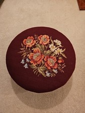 Antique Victorian Georgian Floral Needlepoint Round Handcarved Foot Stool