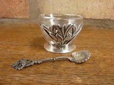 Nice Small Christofle Gallia Salt with Spoon Silver Plated with Baccarat Liner