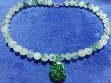 Water Grass Agate & Green Malachite Pendant Necklace - 17" Long