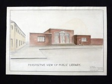 Public Library 1947 perspective ORIGINAL ARCHITECTURAL DRAWING 56 x 38cm