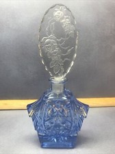 Art Deco perfume bottle/Blue glass/Czechoslovakia C.1940/Flower Motifs/Cut/Large