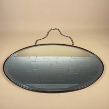 Antique Oval Wall Mirror Art Deco Bevelled Glass with Chain 1930s Vintage