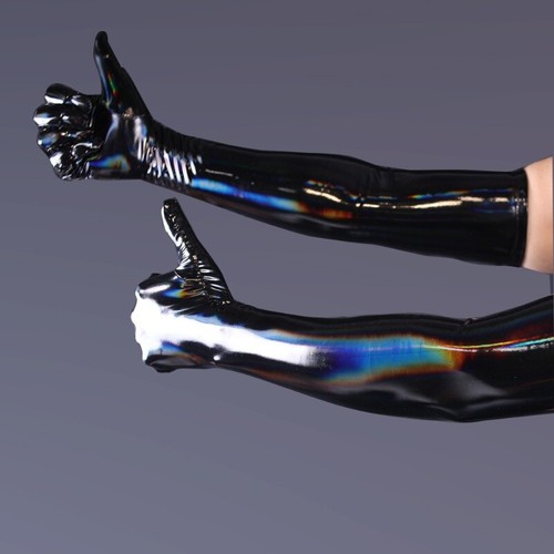 Shiny faux leather long gloves - faux,