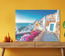 Surfinia Flower in Oia Village 5mm thick Plastic Poster Ready to Hang 60x45cm