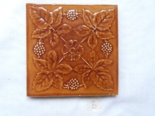 Old Majolica Victorian / Edwardian Brown moulded floral+ leaf pattern tile 6x6