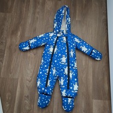 Smafolk 0-6 Months Sherpa Lined Hooded Pramsuit/Snowsuit - Blue With Skiing Bear