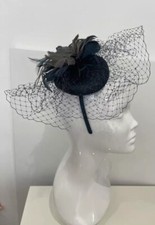 Debenhams Navy Blue Grey Feathers Birdcage Disk Fascinator Wedding Headband