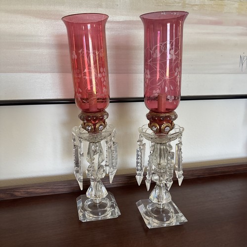 Pair vntg glass cranberry - glass, cut