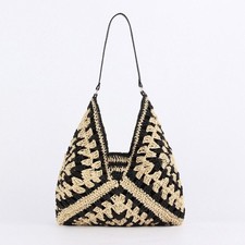 Women Boho Woven Handbag Summer Beach Tote Straw Bag Round Rattan Shoulder