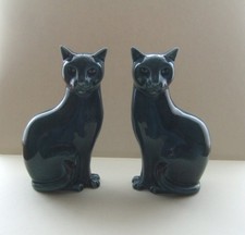PAIR OF POOLE POTTERY BLUE GLAZED CATS - ONE IS AF