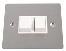 VOLEX Flat Plate 2 Gang 2 Way Light Switch, Brushed Stainless Steel / White