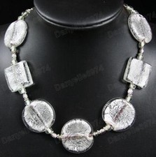 BIG GLASS BEAD NECKLACE murano beads SILVER FOIL amber GREEN,BLUE,BLACK,ZEBRA