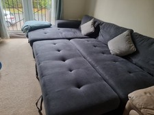Beliani 3-Seater L-Shaped Linen Sofa: Sponge Cushions, Blue Grey  , Pre owned