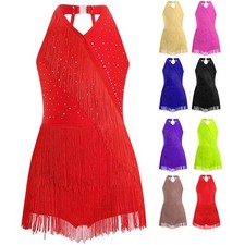 UK Kids Girls Rhinestones Latin Dance Dress Tango Dance Costume Fringe Leotard