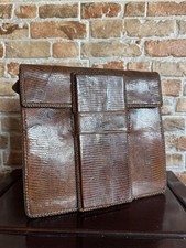 Vintage Lizard Skin Leather Handbag Brown Structured Boxy Bag with Tab Closure