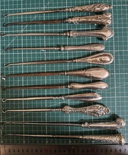 11 x ANTIQUE VINTAGE SOLID STERLING SILVER HANDLED BUTTON BOOT HOOKS