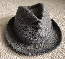 Greenwoods Trilby Fedora Hat Size 7 1/8 M 56cm Herringbone Wool Mix Black Grey