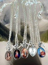 Holy Saints Mary or Jesus pendant & mini cross 18" shiny  silver chain necklace
