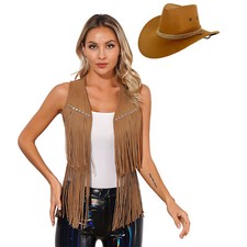 UK Ladies Faux Suede Open Front Tassel Vest Cowgirl Rivets Fringe Waistcoat 