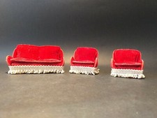 Vintage  Dolls House Sofa Red 3 Piece Suite Velvet Draylon