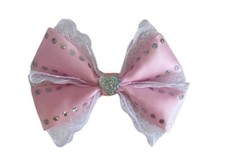 Baby Pink Satin Diamante Lace Hair Bow Clip Bobble or Brooch Pin UK Seller