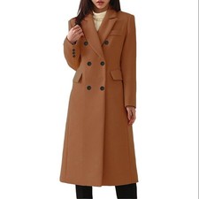 Ladies Woolen Jacket Double Breasted Plain Trench Coat Winter Overcoat Womens@UK
