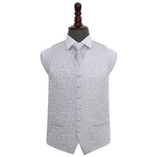 DQT Woven Swirl Patterned Silver Mens Wedding Waistcoat & Tie Set