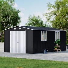 10x16ft Heavy Duty Black Steel Storage Shed with 4 Grid Pattern Windows Outdoor
