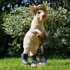 Resin Garden Pig Statue Ornament with Spade - Outdoor Lawn Decor