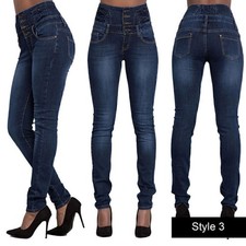 Women Ladies High Waist Denim Jeans Pencil Pants Button Stretchy Skinny Jeggings