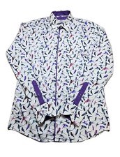 Claudio Lugli Shirt Birds Hummingbird White Purple All Over Pattern Sz 38" Small