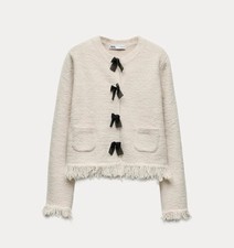 Ivory Cream Ecru Boucle Knit Cardigan Jacket Frayed With Bows Zara S 8 10 BNWT