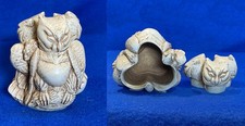 Small THREE OWL Trinket Box - Ivory-Netsuke-Look Resin Figurine/Trinket Pot