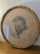 Vtg Bessie Pease Gutmann Circle Round Gold Frame Lithograph Print Baby Art