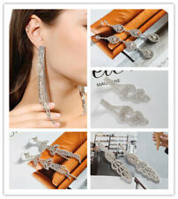 UK Silver Drop Long Tassel Crystal Earrings Diamante Bridal Rhinestone Dangle