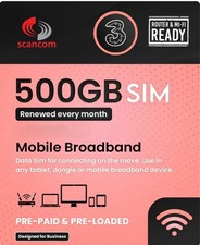 PREPAID 500GB month | 5G Data SIM | Exp Jul 2028 | Three & Vod Dual Netwk | £749