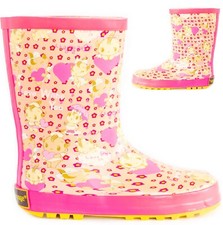 KIDS RAIN SNOW GARDEN GIRLS PINK HEART PRINT WELLIES BOOTS WELLINGTON SIZE 9-3