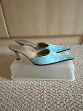Kitten Heel Suede Italian Mules, turquoise blue, metallic heel, Size 7