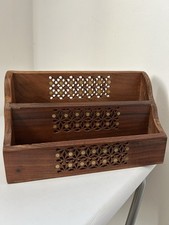 Vintage Handmade Wooden 3 Section Brass Inlay Letter Holder Rack