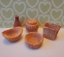 5 piece wicker rattan basket hamper vase 1:12th scale dolls house miniature A14