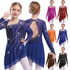 Kid Girls Sparkly Lyrical Dance Dress Figure Ice Skating Leotard Dress Dancewear