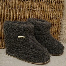 100% Sheep Wool Boots Cozy Foot Slippers Hard Sole Sheepskin Womens Mens Grey