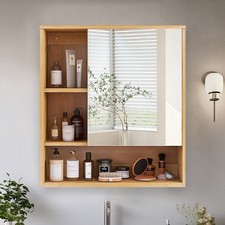Wall Bathroom Cabinet with Mirror Door Bamboo Medicine Cabinet Storage Organizer
