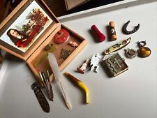 Job Lot Box Of Curios Vintage Cigar Box With Antiques Bible Pipe Caviar Spreader