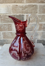 Antique Bohemian Cut To Clear Ruby Red Glass Carafe / Jug