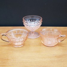 Lot of 3 Vintage Pink Depression Glass Cups & Sherbet Dish Mixed Patterns